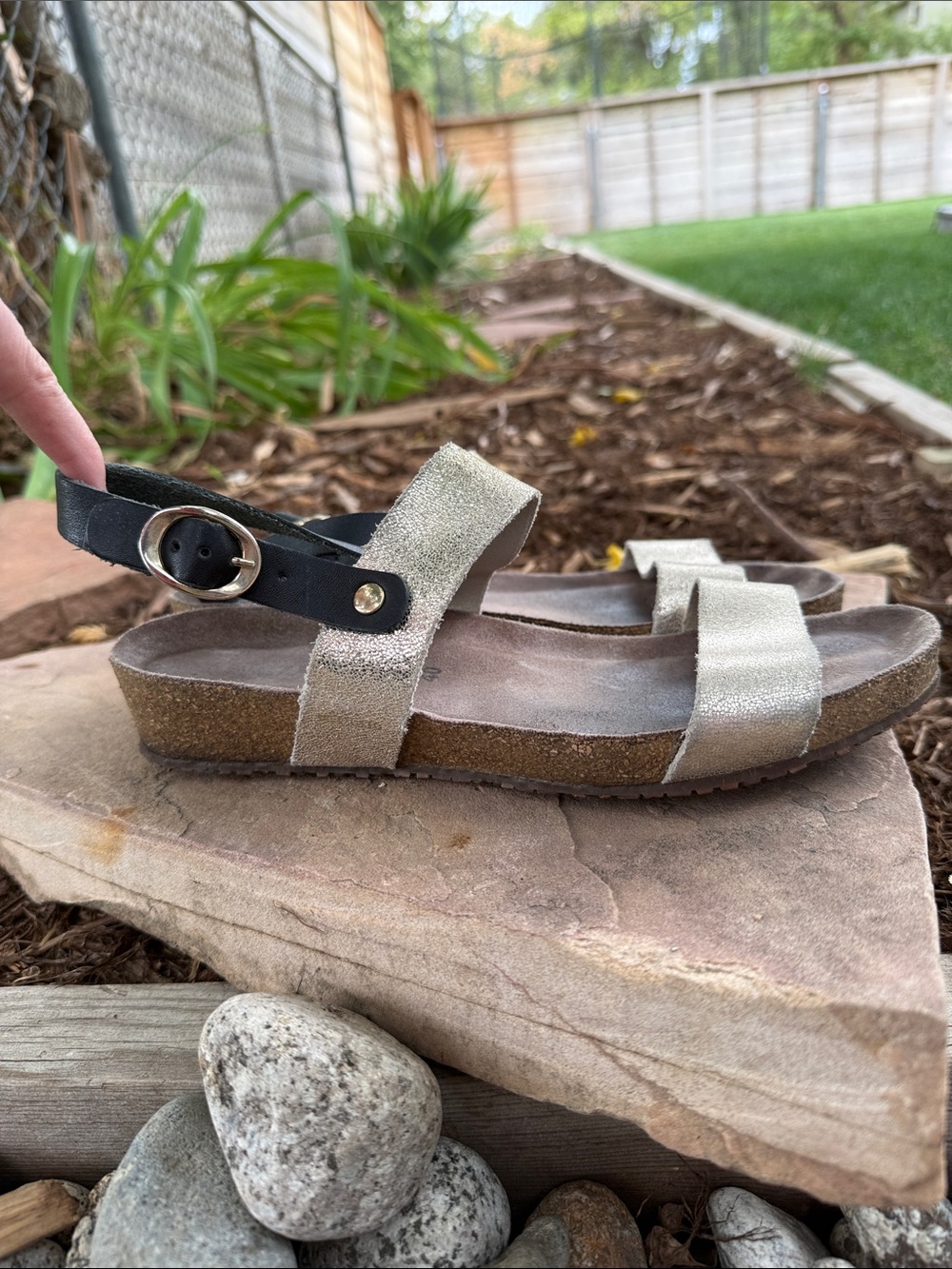Mephisto Gold Leather Two-Strap Sandles